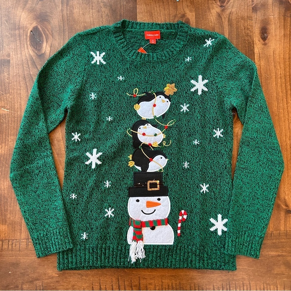 NWT Snowman and Penguin Green Holiday Knit Sweater